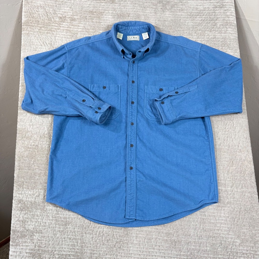 LL Bean Chamois Cloth Shirt Mens XL Blue Cotton Flannel Button Down Made in USA